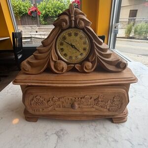 Vintage Molnija USSR Hand Carved Wood Mantel Clock Mechanical Cityscape -READ
